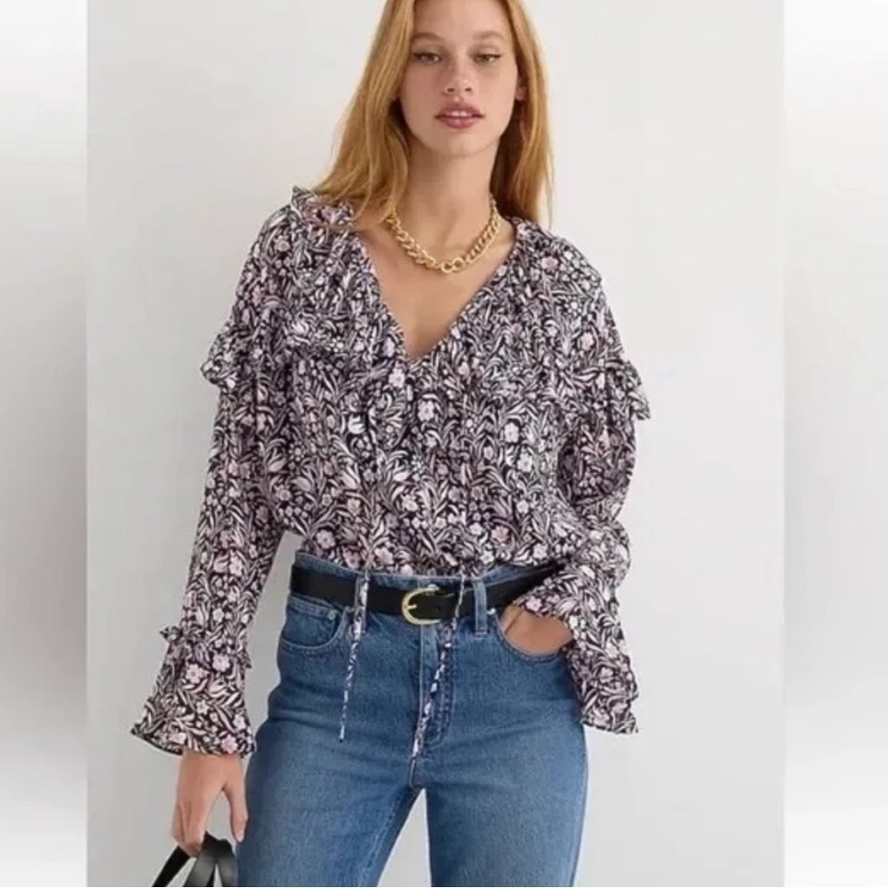 J. Crew Ruffle crinkle chiffon top in floral flourish navy pink